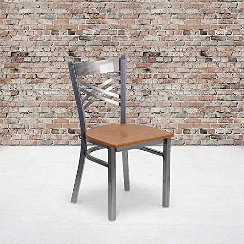 Clear Coated Metal Restaurant Chair with Cherry Wood Seat V546181