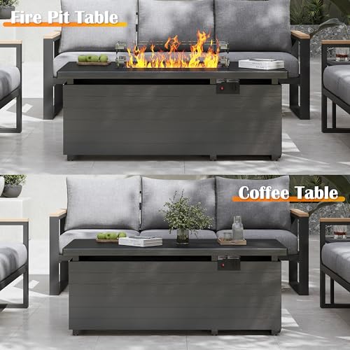 Gray Rectangle Propane Fire Pit Table with Glass Wind Guard, Rain Cover, Removable Lid K7024
