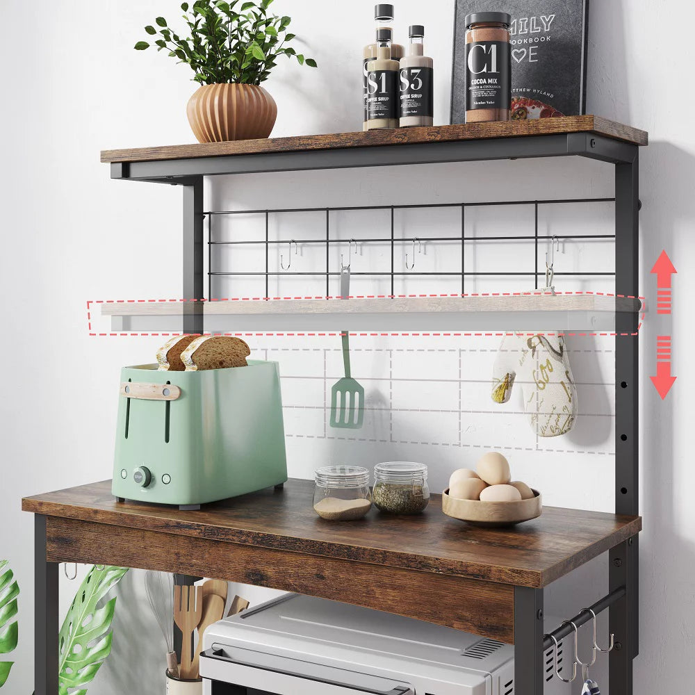 3-Tier Baker's Rack with Cabinet, Kitchen Storage Shelves, Microwave Oven Stand, Coffee Bar with Hooks in Rustic B663443