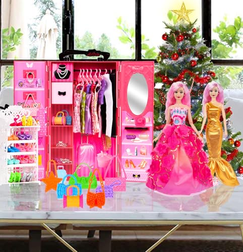 105 Pcs Doll and Closet Playset Wardrobe Set Including One Doll Wardrobe Shoes Rack Dress Shoes Hangers Necklace K80831