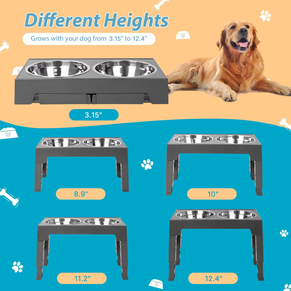 Elevated Dog Bowls Stand with 2 Stainless Steel Dishes, Raised Dog Bowl Adjusts to 5 Heights (Gray) Z9294