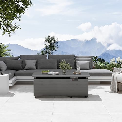 Gray Rectangle Propane Fire Pit Table with Glass Wind Guard, Rain Cover, Removable Lid K7024