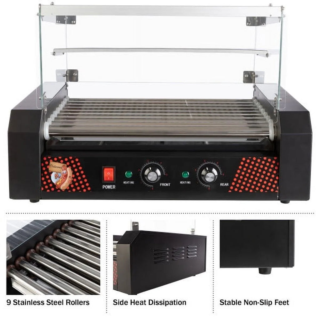 9-Roller Hot Dog Grill with Bun Warmer and Cover U1306