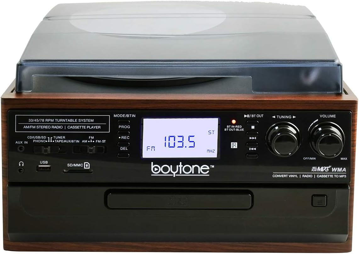 Bluetooth Record Player Turntable with AM/FM Radio, Cassette, CD Player, 2 Built in Speaker, SD Slot, USB, AUX I805