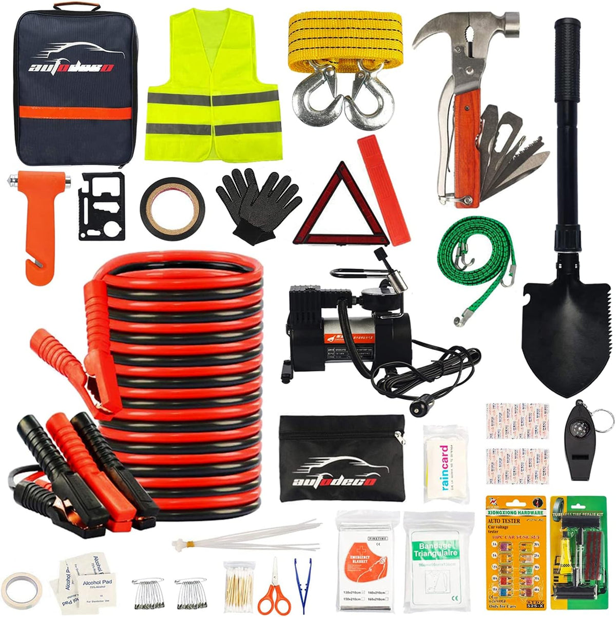 118 Pieces Car Emergency Kit with Jumper Cables, Air Compressor, Tow Strap, Hammer, Shovel N5894