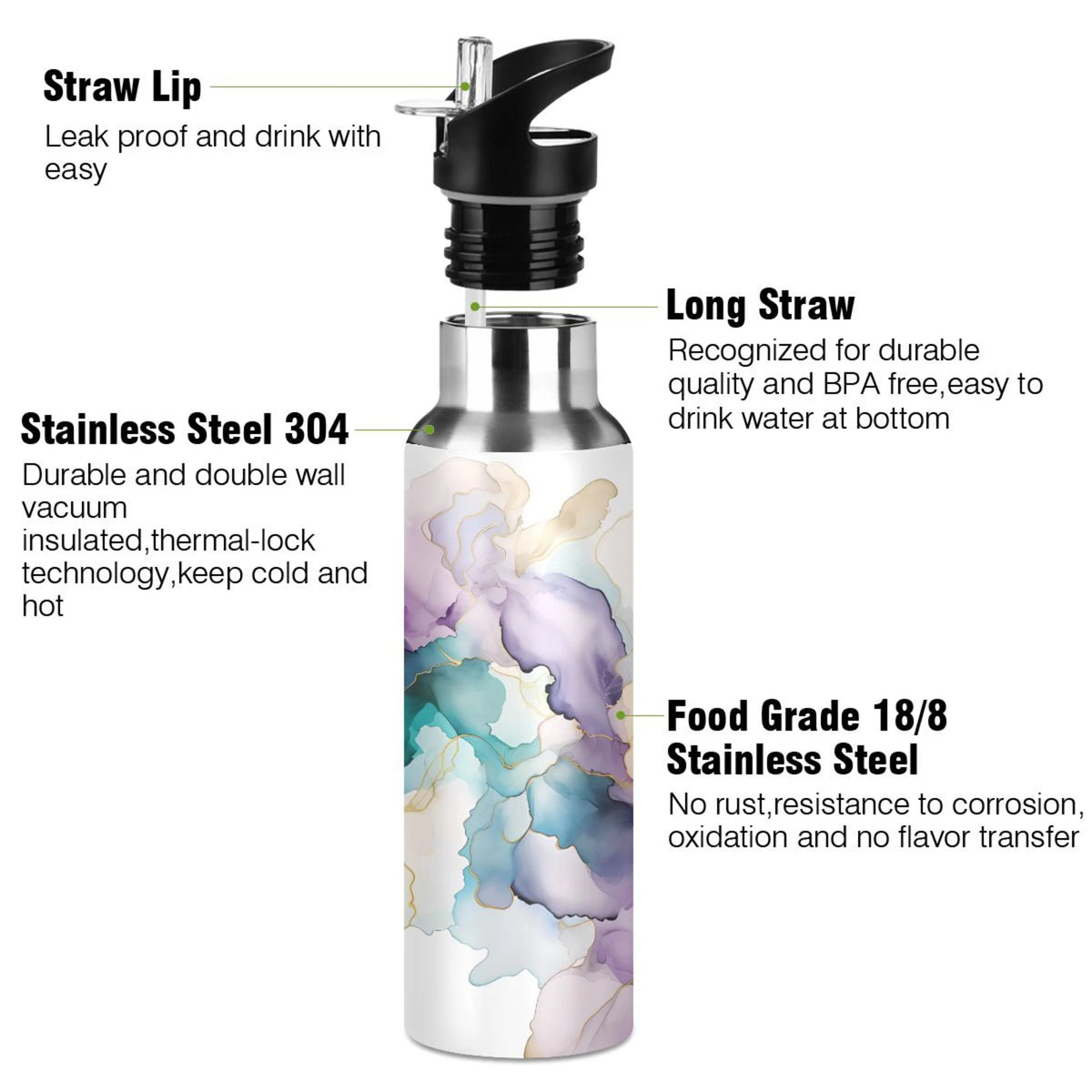 Blue Purple Golden Marble Stainless Steel Insulated Water Bottle W976