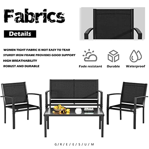 4 Pieces Patio Furniture Set with Glass Coffee Table, Black Q283