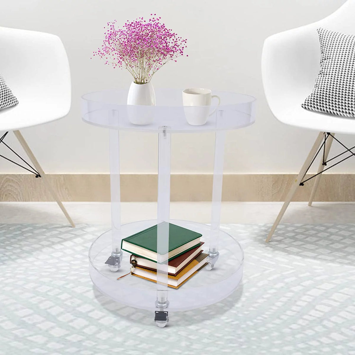 2 Tier Clear Acrylic Round Side Table with Wheels T51717