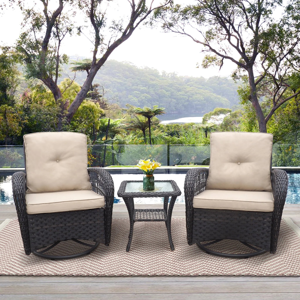 Khaki Wicker Swivel Rocker Chairs with Table Q3170