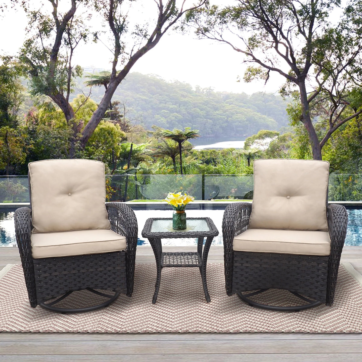 Khaki Wicker Swivel Rocker Chairs with Table Q3170