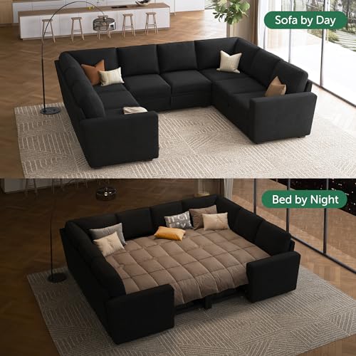 Beige Modular Sectional Sleeper Sofa Bed with Storage Ottoman K46077