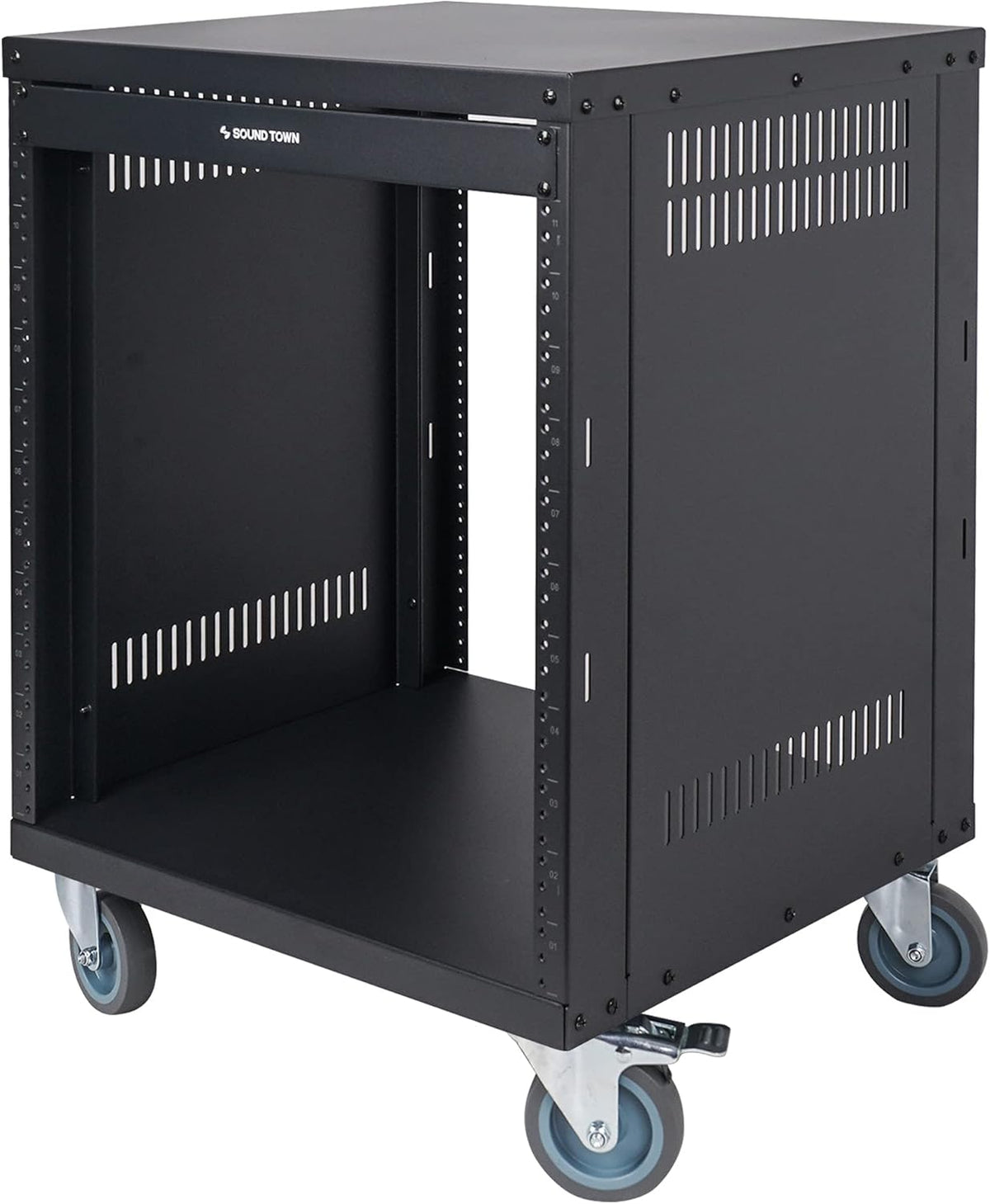 12U Universal Steel Rack with 3 Locking Casters and Vented Side Panels S238