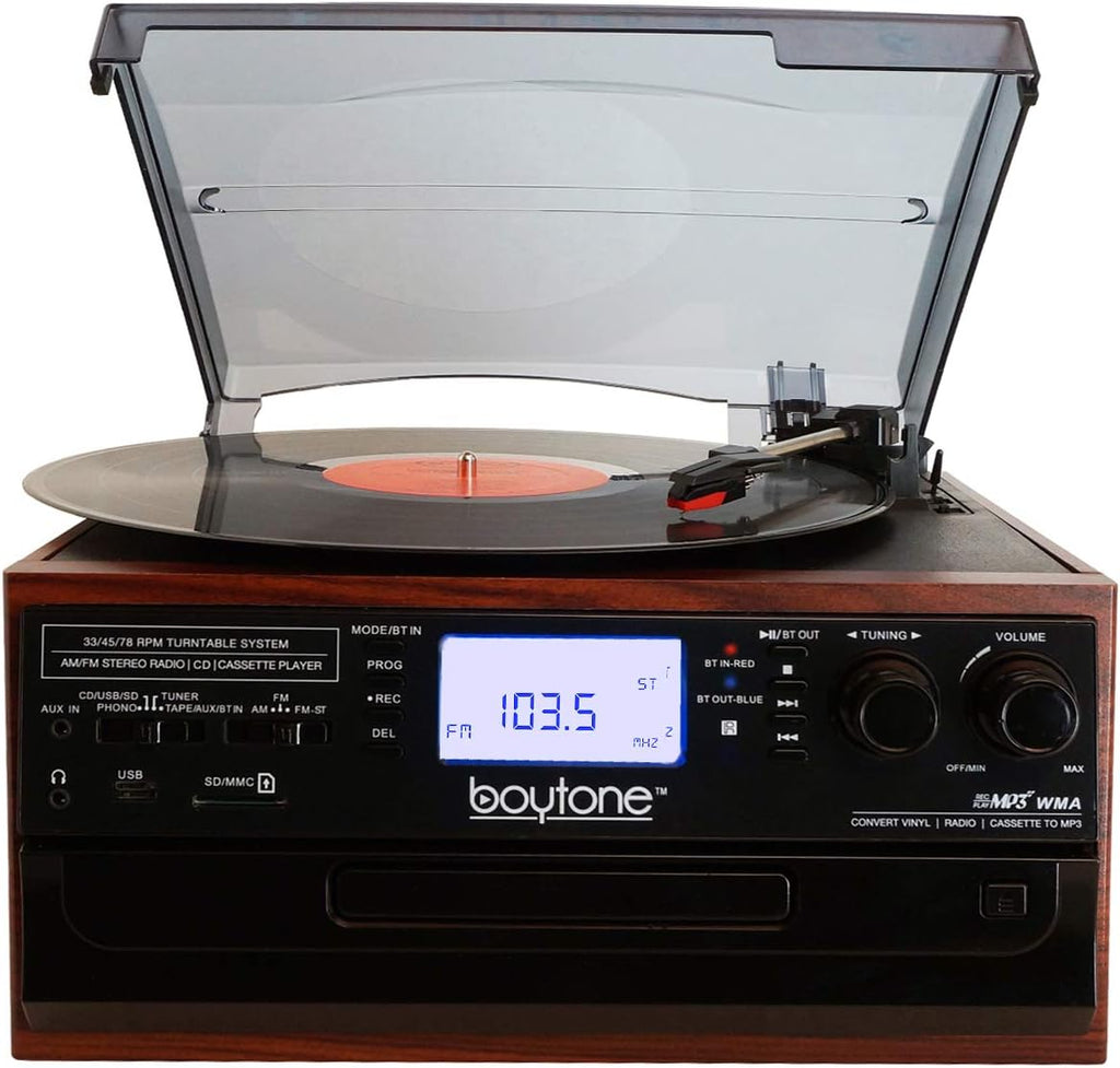 Bluetooth Record Player Turntable with AM/FM Radio, Cassette, CD Player, 2 Built in Speaker, SD Slot, USB, AUX I805