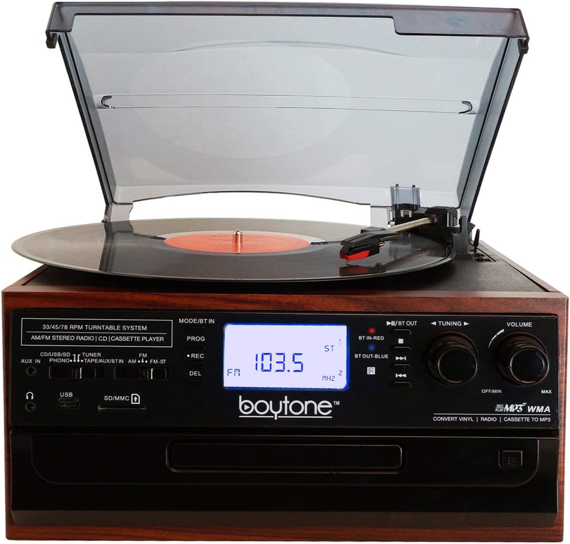 Bluetooth Record Player Turntable with AM/FM Radio, Cassette, CD Player, 2 Built in Speaker, SD Slot, USB, AUX I805