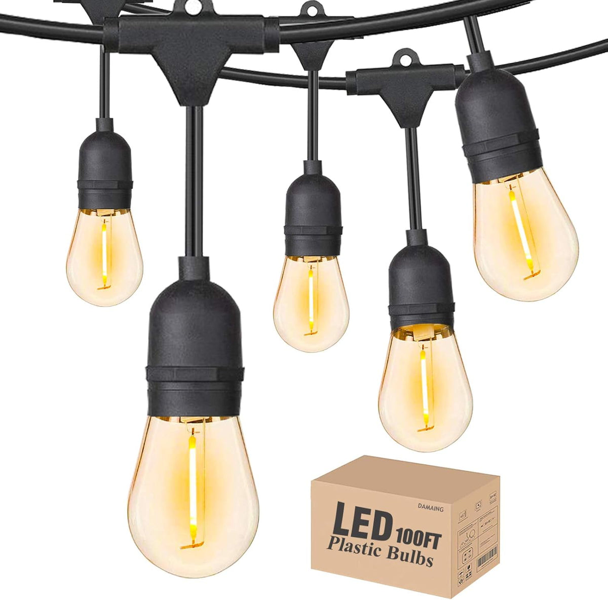 Outdoor String Lights 100FT with 30 Sockets 32 Shatterproof Dimmable Plastic Vintage Edison Bulbs Waterproof Strand Light L579884