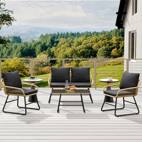 4 Piece Wicker Patio Furniture Set with Cushion and Pillow W915