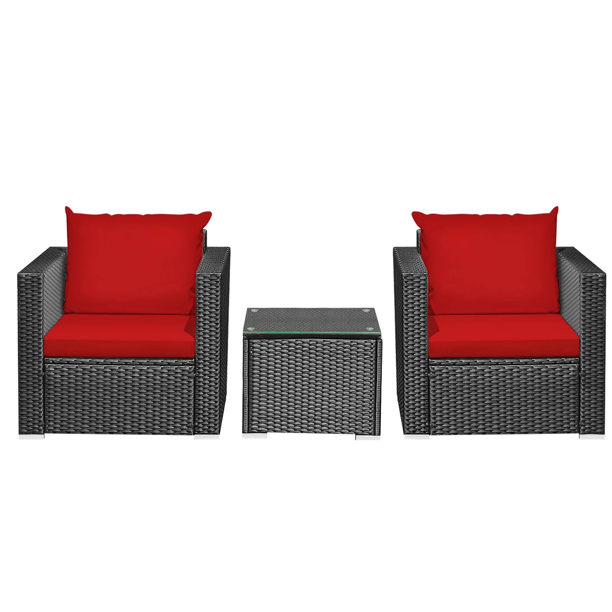 3 Pcs Rattan Patio Conversation Furniture Set with Red Cushions N52538