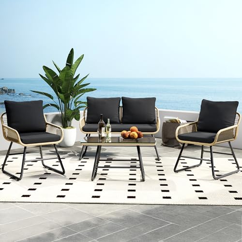 4 Piece Wicker Patio Furniture Set with Cushion and Pillow W915