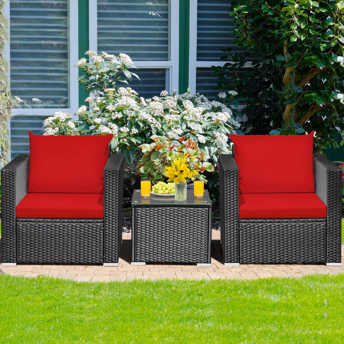 3 Pcs Rattan Patio Conversation Furniture Set with Red Cushions N52538