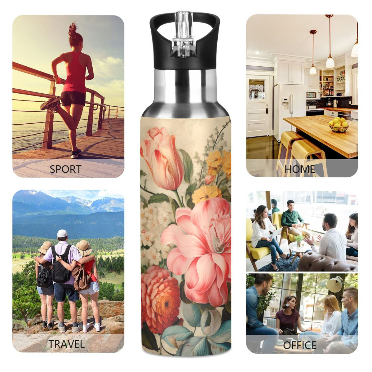 Pink Flowers Print Stainless Steel Insulated Water Bottle with Straw Lid Y491