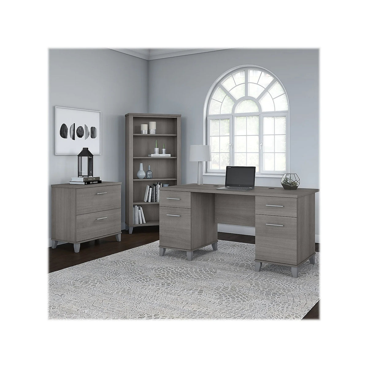 Gray Engineered Wood Office Desk with File Cabinet & Bookcase S28191