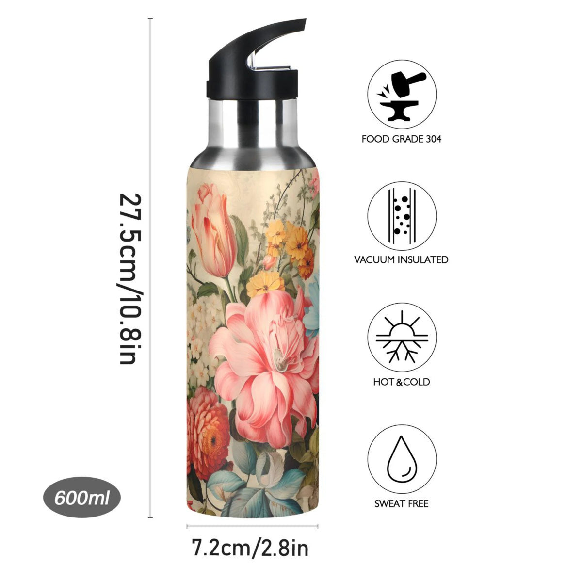 Pink Flowers Print Stainless Steel Insulated Water Bottle with Straw Lid Y491