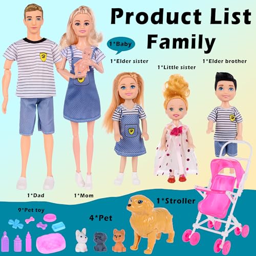 Dolls Family Playset with Baby Stroller Set K134478