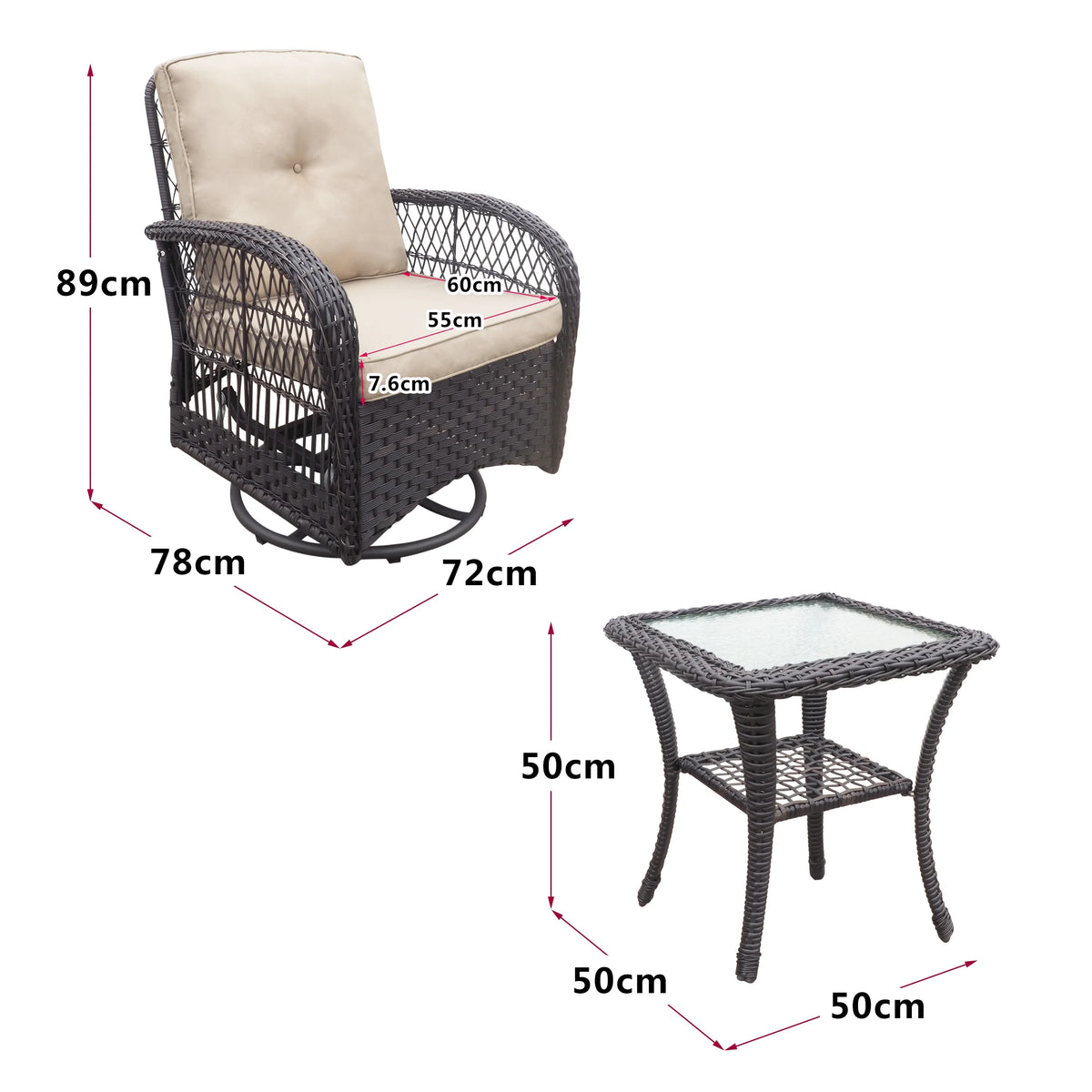 Khaki Wicker Swivel Rocker Chairs with Table Q3170