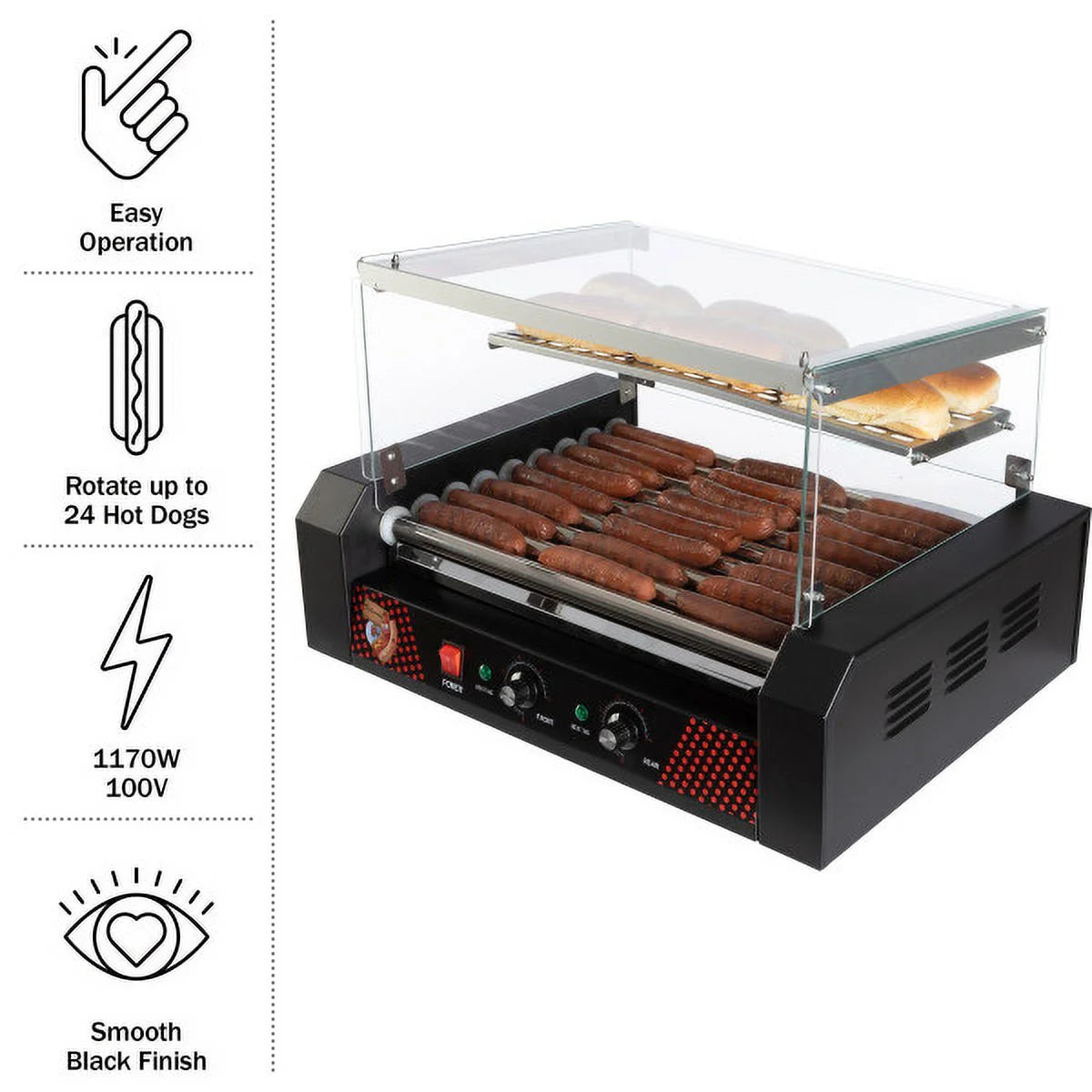 9-Roller Hot Dog Grill with Bun Warmer and Cover U1306